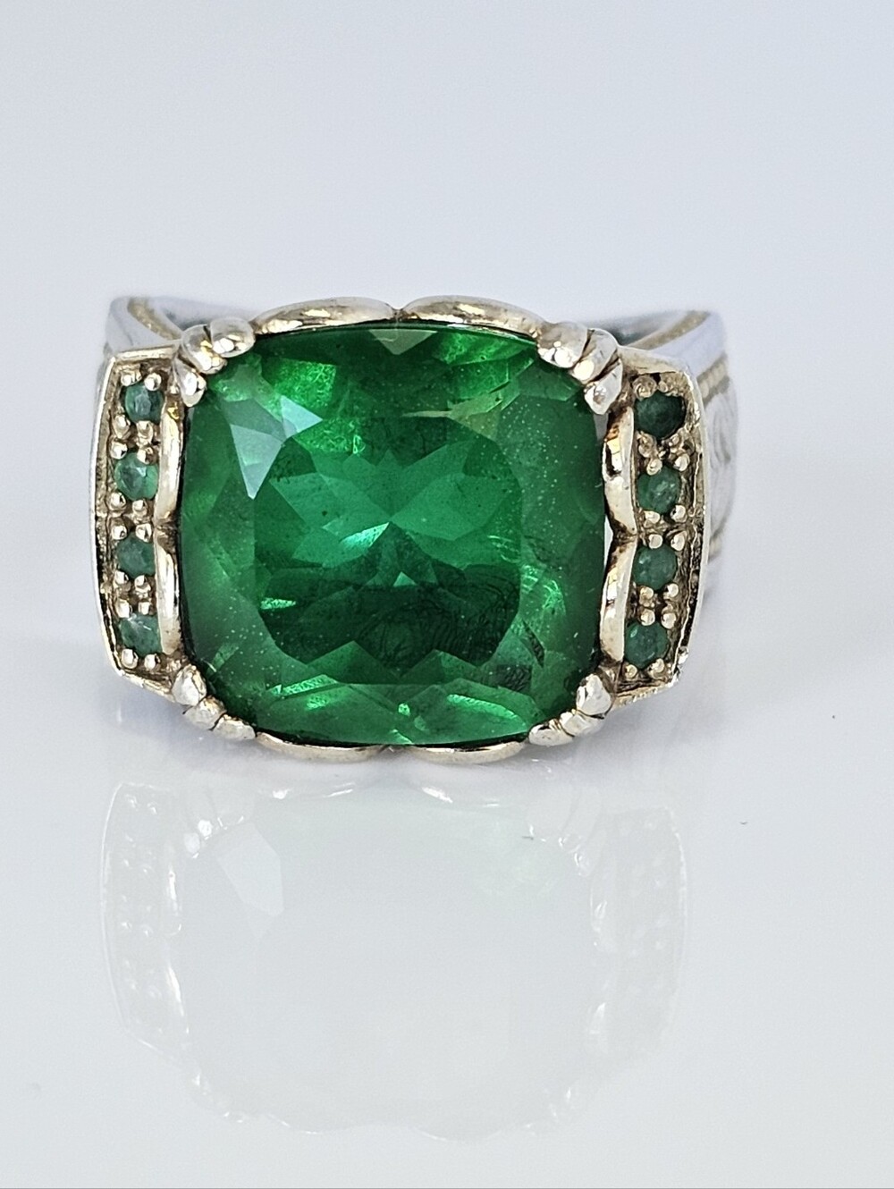 Genuine Green Quartz & Emerald Ring Palladium Sterling Silver 24k Size 7!